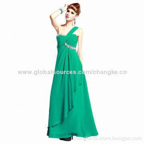Evening dress, single strap, sheer jewel neckline